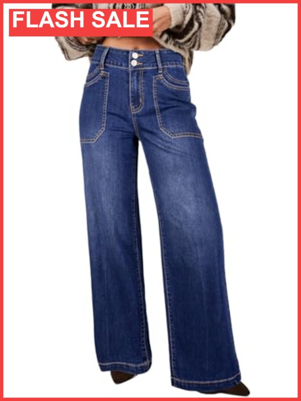 High Waisted Wide Leg Stretch Jeans Double Button Trousers Patch Pockets